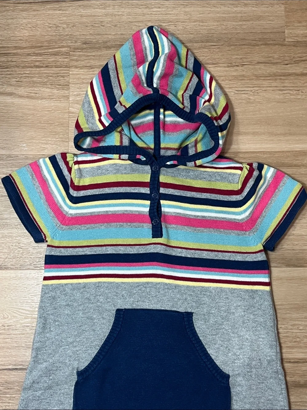 Hanna Andersson 2009 Gray Hooded Knit 100% Cotton Dress Multicolor Stripes 120